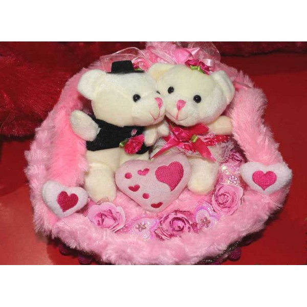 Beautiful Pink Hanging Basket with Couple Teddy Bear